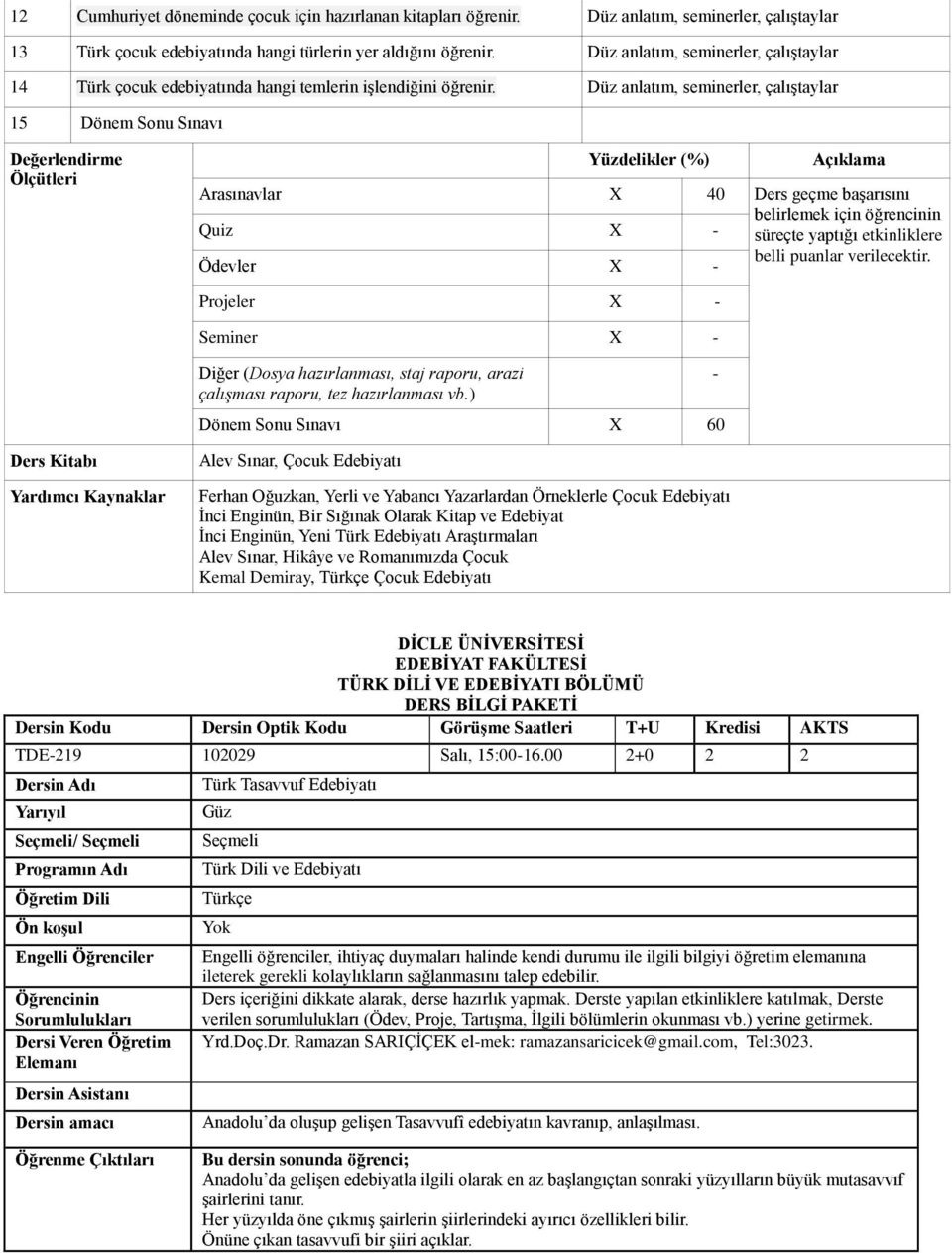 verilecektir. Projeler Seminer Diğer (Dosya hazırlanması, staj raporu, arazi çalışması raporu, tez hazırlanması vb.