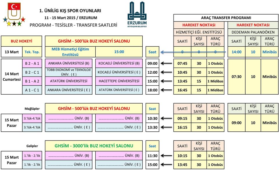 ENSTİTÜSÜ TRANSFER PROGRAMI DEDEMAN PALANDÖKEN B 2 - A 1 ANKARA ÜNİVERSİTESİ (B) KOCAELİ ÜNİVERSİTESİ (B) 09:00 07:45 30 B 2 - C 1 TOBB EKONOMİ ve TEKNOLOJİ ÜNİV.