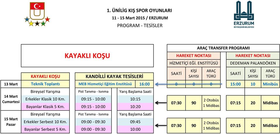 09:00-09:30 KANDİLLİ KAYAK TESİSLERİ Bireysel Yarışma Pist Tanıma - Isınma Yarış Başlama Saati Erkekler Klasik 10 Km.