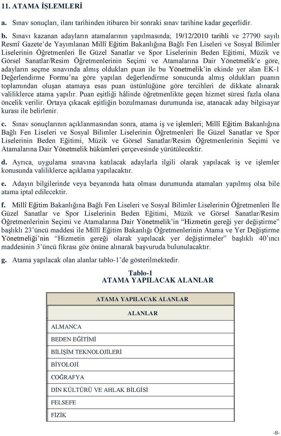 Sınavı kazanan adayların atamalarının yapılmasında; 19/12/2010 tarihli ve 27790 sayılı Resmî Gazete de Yayımlanan Millî Eğitim Bakanlığına Bağlı Fen Liseleri ve Sosyal Bilimler Liselerinin