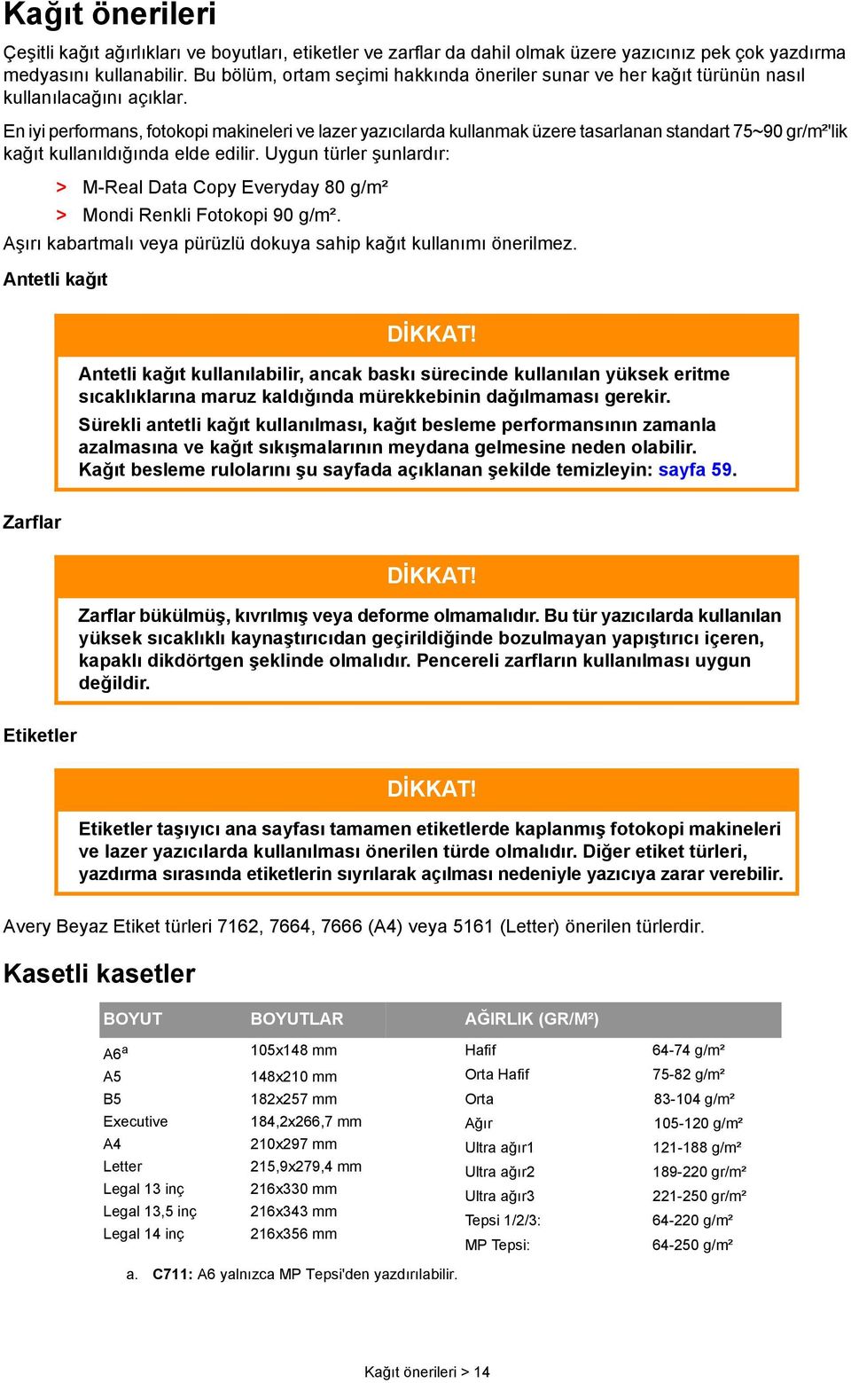 En iyi performans, fotokopi makineleri ve lazer yazıcılarda kullanmak üzere tasarlanan standart 75~90 gr/m²'lik kağıt kullanıldığında elde edilir.