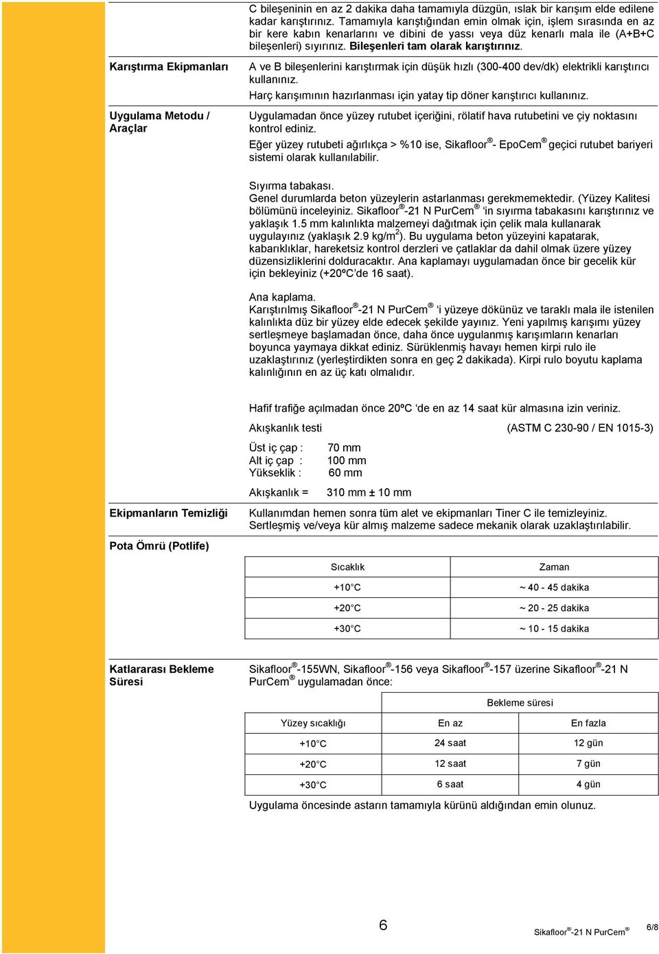 Bileşenleri tam olarak karıştırınız. Karıştırma Ekipmanları Uygulama Metodu / Araçlar A ve B bileşenlerini karıştırmak için düşük hızlı (300-400 dev/dk) elektrikli karıştırıcı kullanınız.