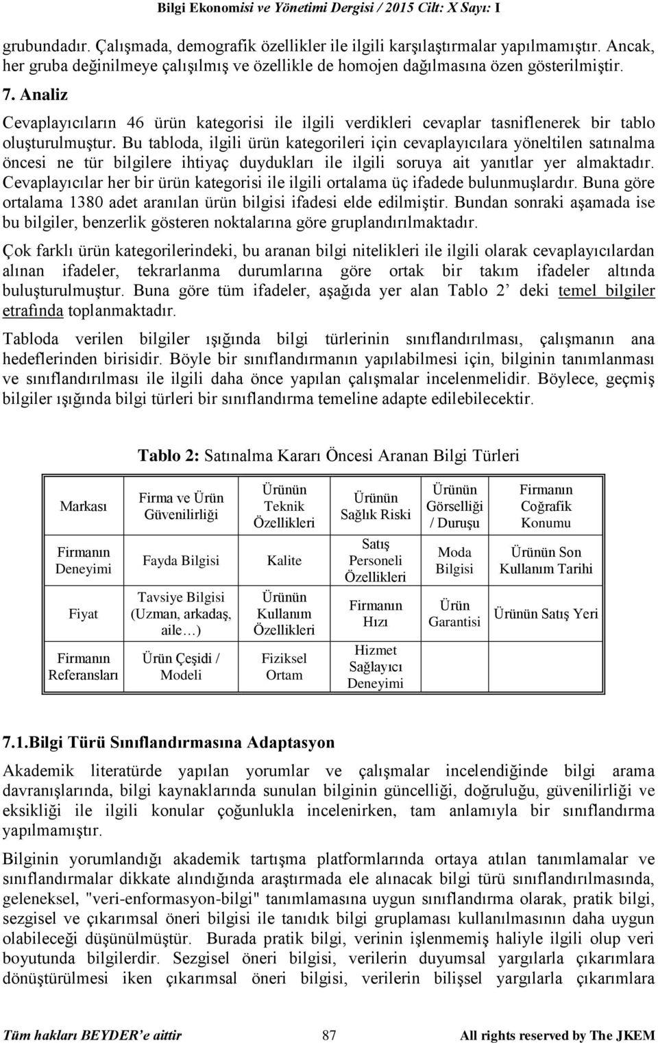 Analiz Cevaplayıcıların 46 ürün kategorisi ile ilgili verdikleri cevaplar tasniflenerek bir tablo oluşturulmuştur.