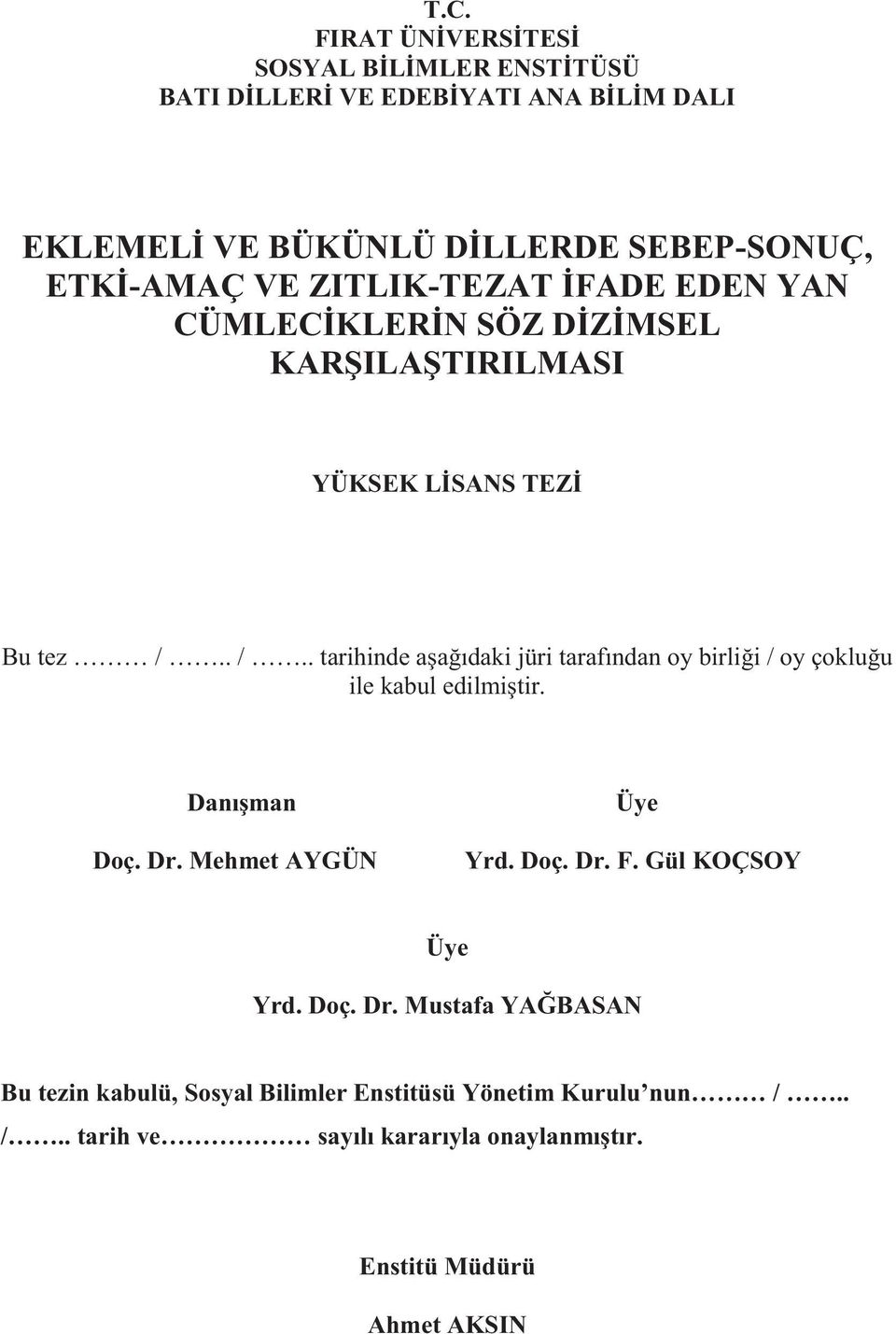 . /.. tarihinde aşağıdaki jüri tarafından oy birliği / oy çokluğu ile kabul edilmiştir. Danışman Doç. Dr. Mehmet AYGÜN Üye Yrd. Doç. Dr. F.