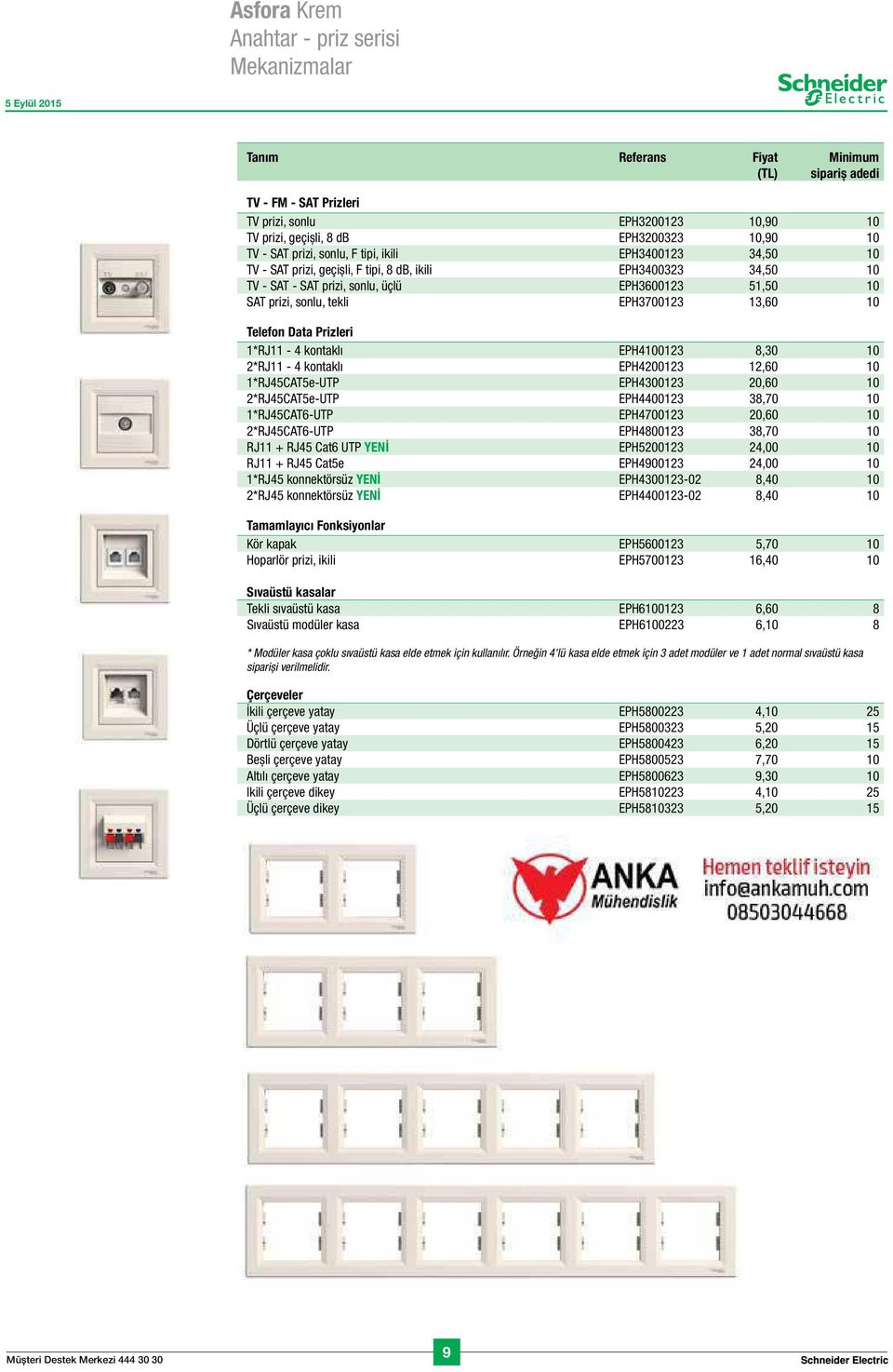 EPH3700123 13,60 10 Telefon Data Prizleri 1*RJ11-4 kontaklı EPH4100123 8,30 10 2*RJ11-4 kontaklı EPH4200123 12,60 10 1*RJ45CAT5e-UTP EPH4300123 20,60 10 2*RJ45CAT5e-UTP EPH4400123 38,70 10