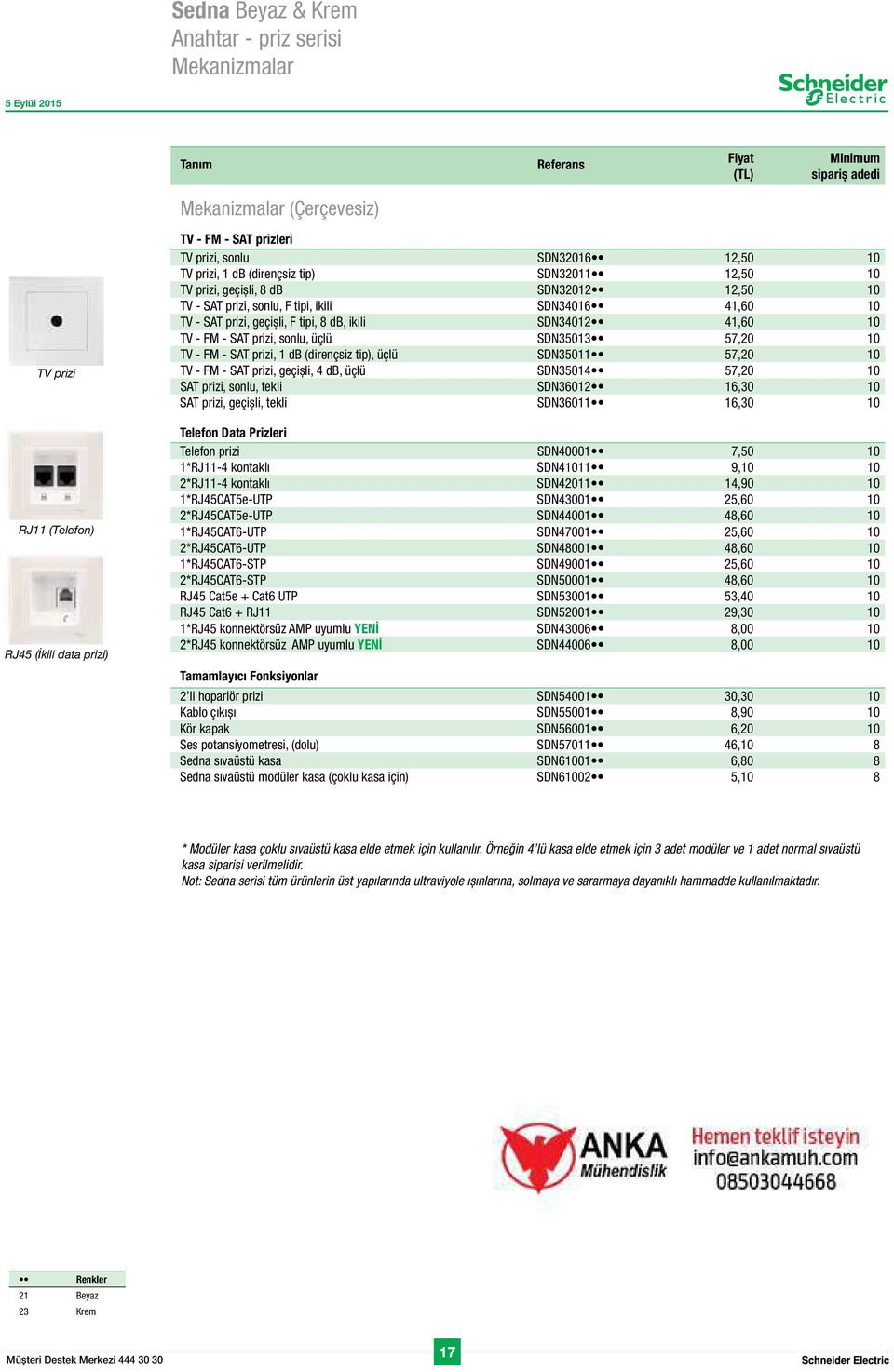 tipi, 8 db, ikili SDN34012 41,60 10 TV - FM - SAT prizi, sonlu, üçlü SDN35013 57,20 10 TV - FM - SAT prizi, 1 db (dirençsiz tip), üçlü SDN35011 57,20 10 TV - FM - SAT prizi, geçişli, 4 db, üçlü