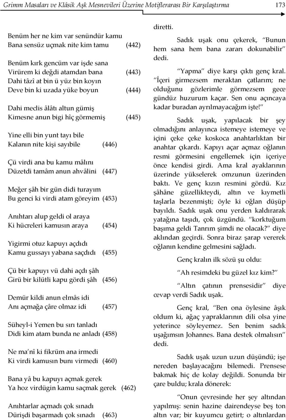 nite kişi sayıbile (446) Çü virdi ana bu kamu mâlını Düzetdi tamâm anun ahvâlini (447) Meğer şâh bir gün didi turayım Bu genci ki virdi atam göreyim (453) Anıhtarı alup geldi ol araya Ki hücreleri