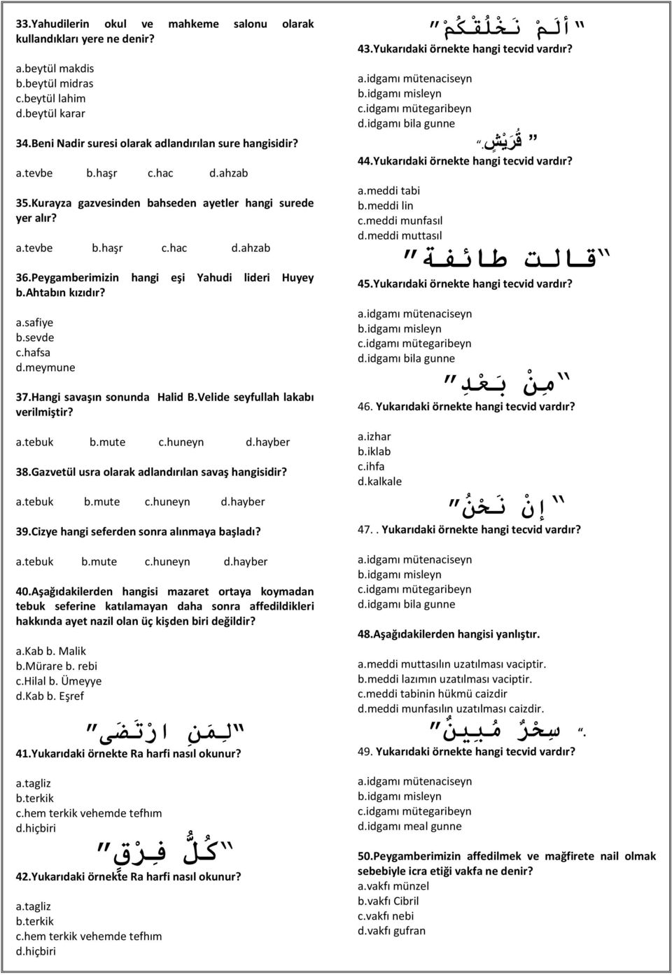 hafsa d.meymune 37.Hangi savaşın sonunda Halid B.Velide seyfullah lakabı verilmiştir? 38.Gazvetül usra olarak adlandırılan savaş hangisidir? 39.Cizye hangi seferden sonra alınmaya başladı? 40.