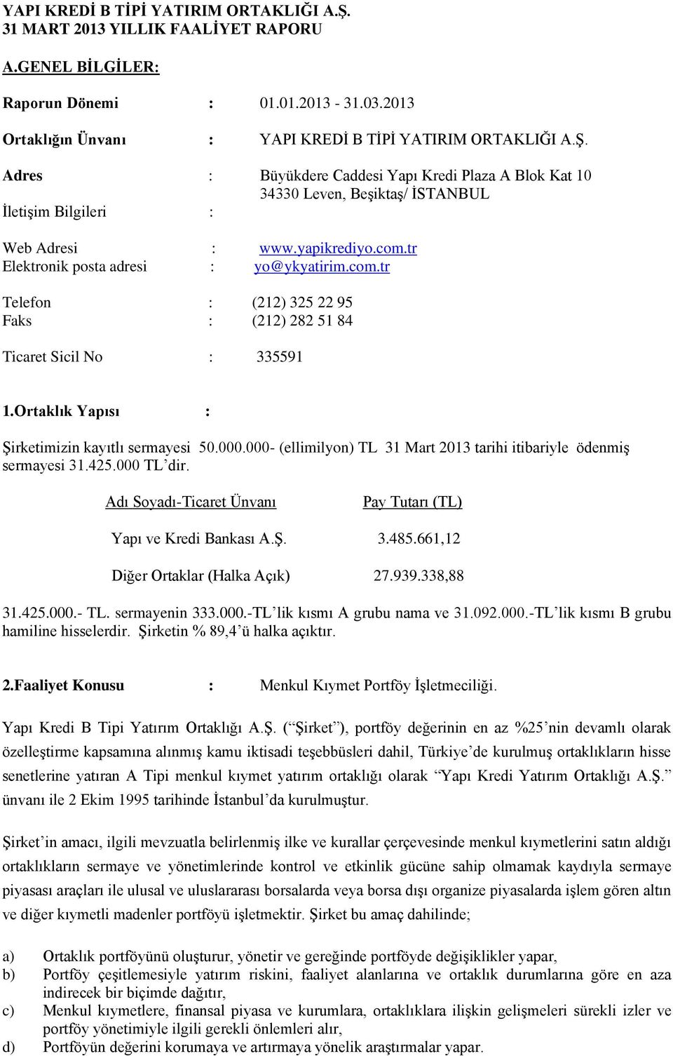 tr Elektronik posta adresi : yo@ykyatirim.com.tr Telefon : (212) 325 22 95 Faks : (212) 282 51 84 Ticaret Sicil No : 335591 1.Ortaklık Yapısı : ġirketimizin kayıtlı sermayesi 50.000.