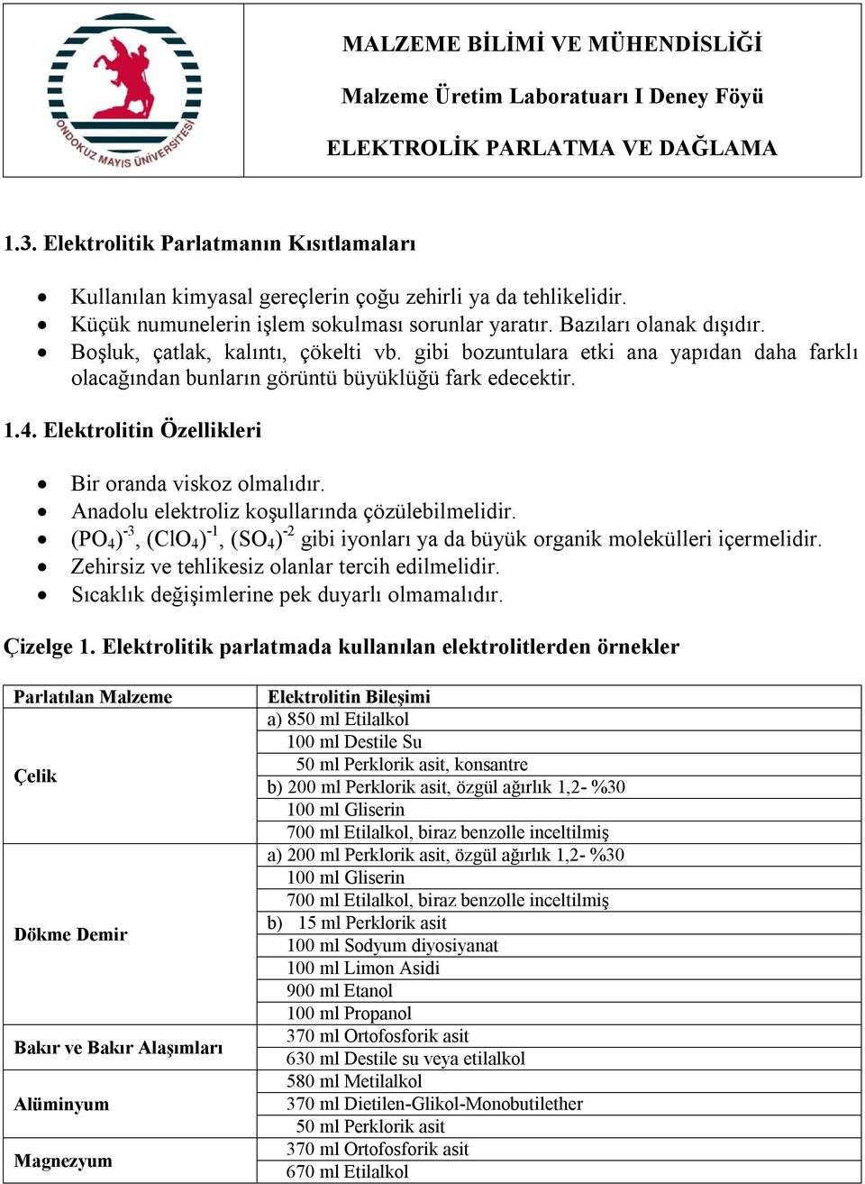 Anadolu elektroliz koşullarında çözülebilmelidir. (PO 4 ) -3, (ClO 4 ) -1, (SO 4 ) -2 gibi iyonları ya da büyük organik molekülleri içermelidir. Zehirsiz ve tehlikesiz olanlar tercih edilmelidir.