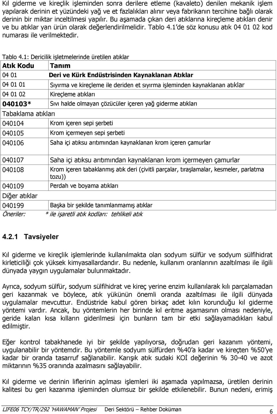 1 de söz konusu atık 04 01 02 kod numarası ile verilmektedir. Tablo 4.