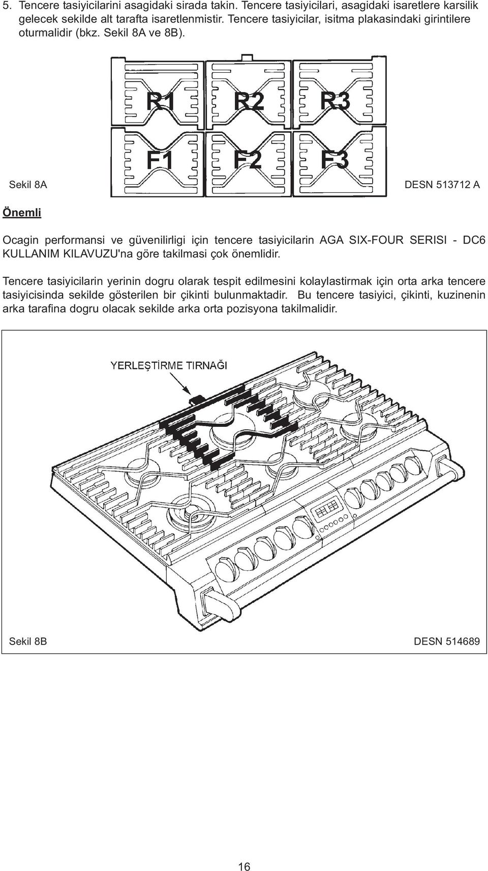 Seki 8A DESN 513712 A Önemi Ocagin performansi ve güveniirigi için tencere tasiyiciarin AGA SIX-FOUR SERISI - DC6 KULLANIM KILAVUZU'na göre takimasi çok önemidir.