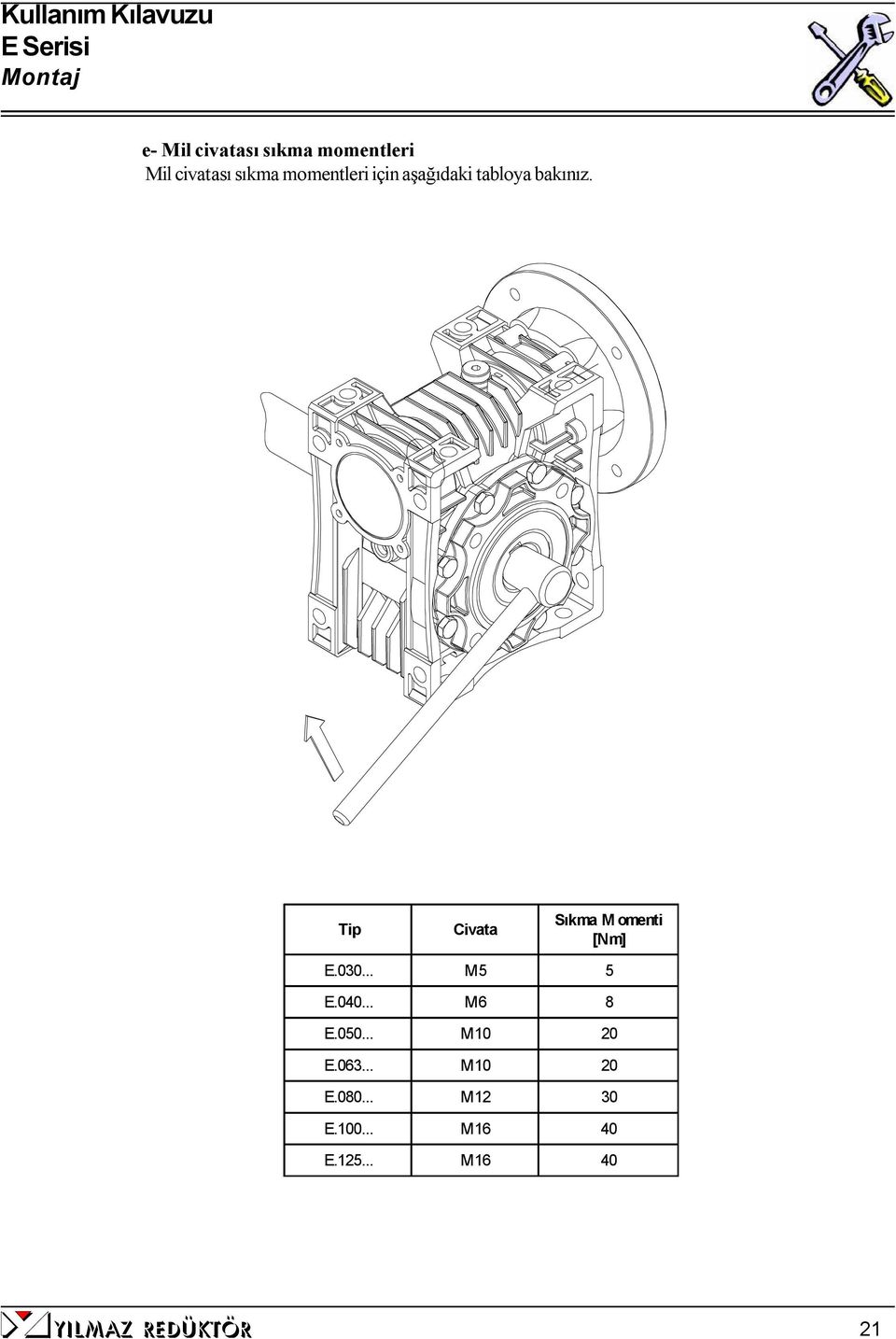Tip Civata Sıkma Momenti [Nm] E.030... M5 5 E.040... M6 8 E.050.