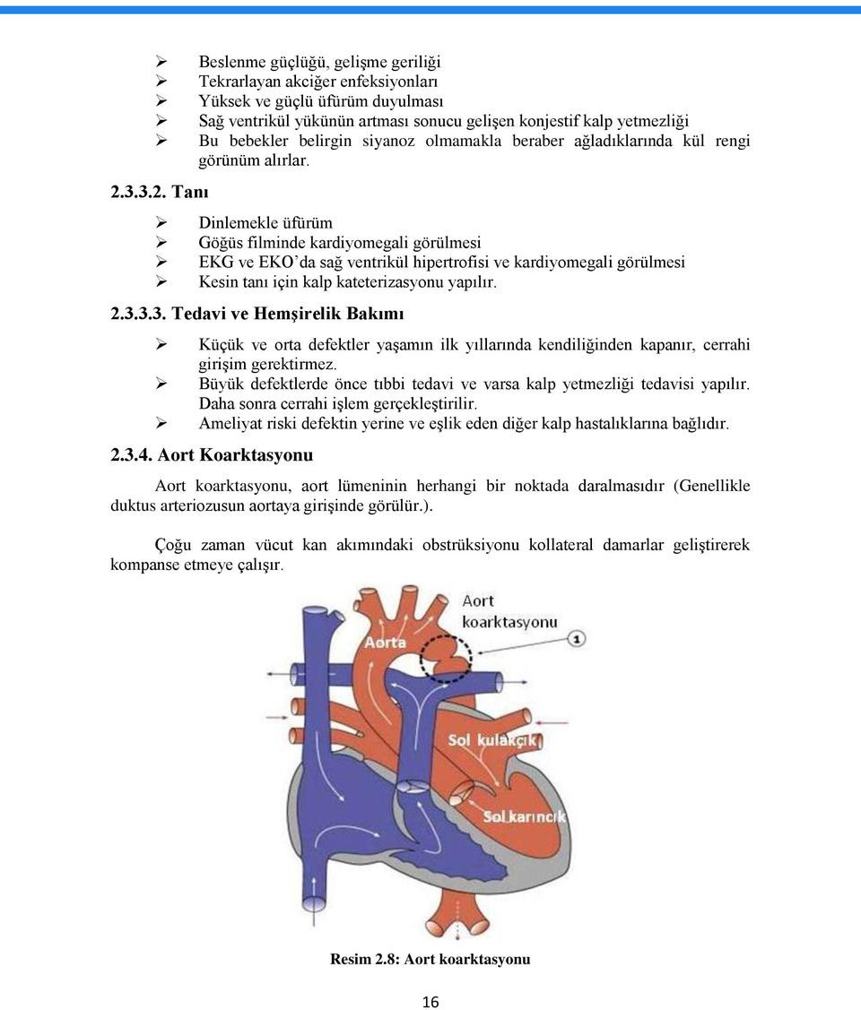 3.3.2. Tanı Dinlemekle üfürüm Göğüs filminde kardiyomegali görülmesi EKG ve EKO da sağ ventrikül hipertrofisi ve kardiyomegali görülmesi Kesin tanı için kalp kateterizasyonu yapılır. 2.3.3.3. Tedavi ve Hemşirelik Bakımı Küçük ve orta defektler yaşamın ilk yıllarında kendiliğinden kapanır, cerrahi girişim gerektirmez.