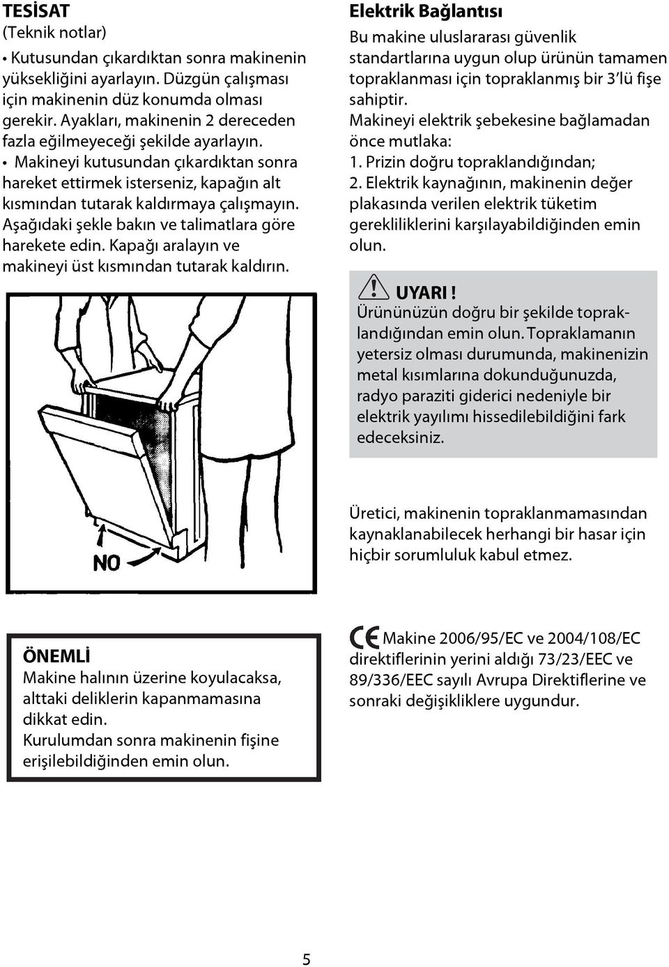 Aşağıdaki şekle bakın ve talimatlara göre harekete edin. Kapağı aralayın ve makineyi üst kısmından tutarak kaldırın.