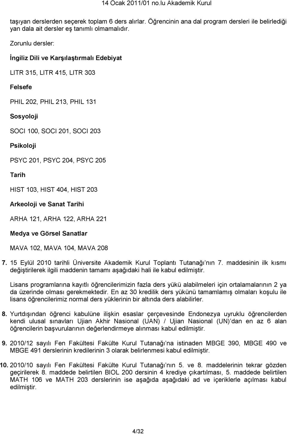 205 Tarih HIST 103, HIST 404, HIST 203 Arkeoloji ve Sanat Tarihi ARHA 121, ARHA 122, ARHA 221 Medya ve Görsel Sanatlar MAVA 102, MAVA 104, MAVA 208 7.