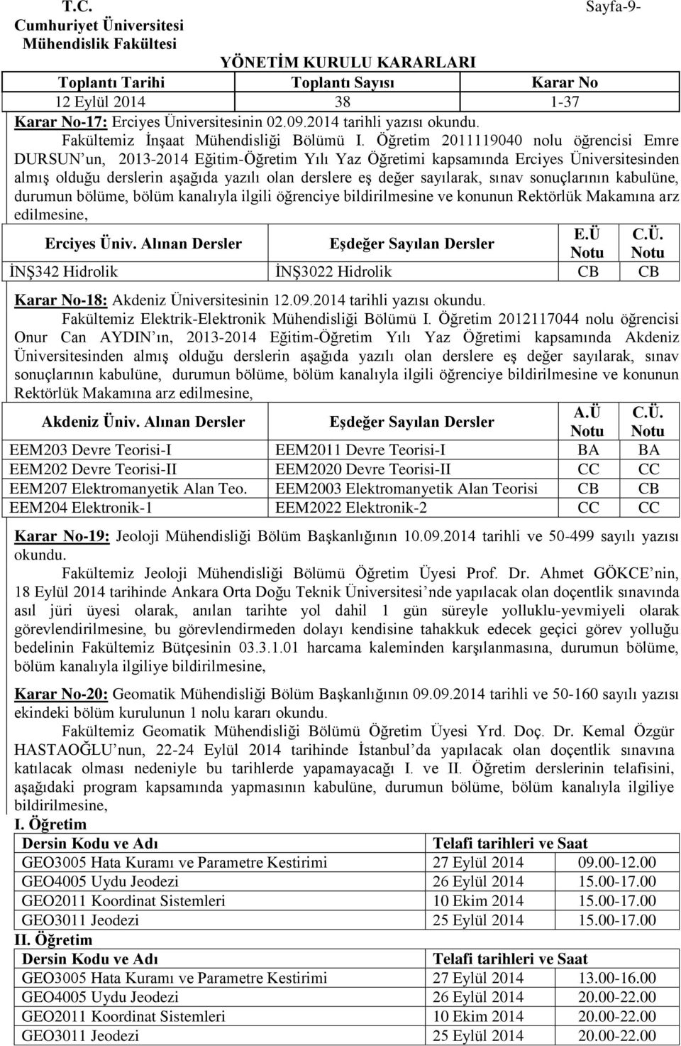 sayılarak, sınav sonuçlarının kabulüne, durumun bölüme, bölüm kanalıyla ilgili öğrenciye bildirilmesine ve konunun Rektörlük Makamına arz edilmesine, Erciyes Ün