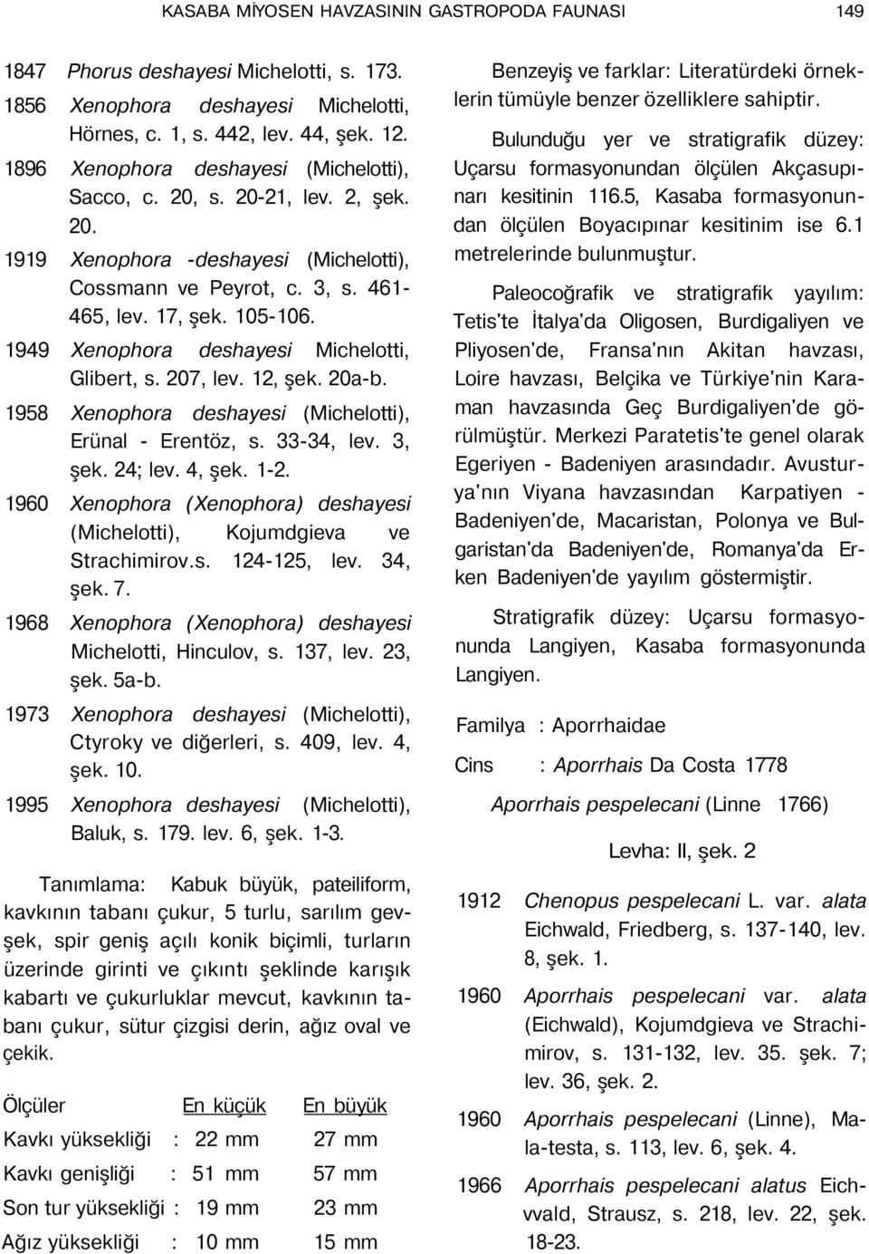 1949 Xenophora deshayesi Michelotti, Glibert, s. 207, lev. 12, şek. 20a-b. 1958 Xenophora deshayesi (Michelotti), Erünal - Erentöz, s. 33-34, lev. 3, şek. 24; lev. 4, şek. 1-2.