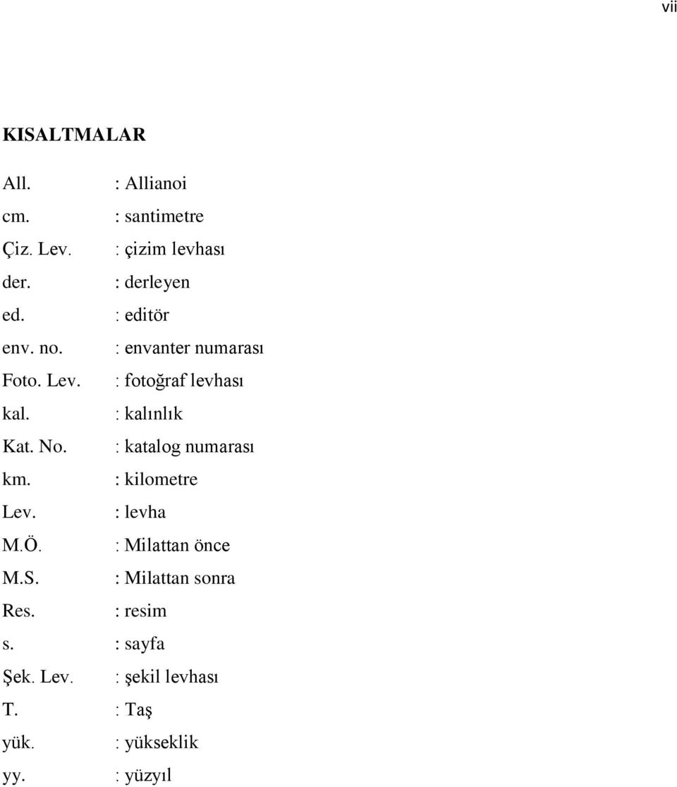 : kalınlık Kat. No. : katalog numarası km. : kilometre Lev. : levha M.Ö. : Milattan önce M.