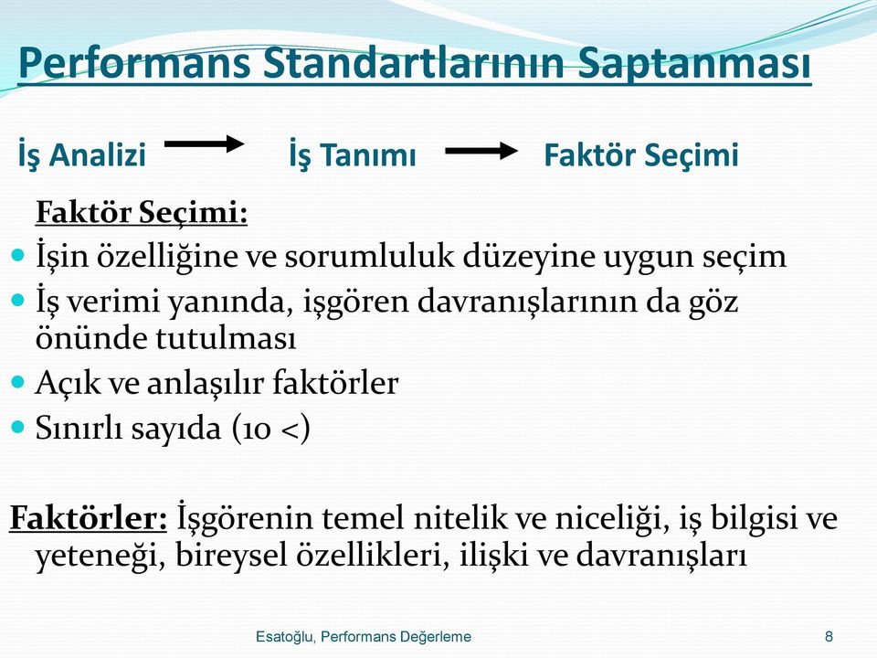 önünde tutulması Açık ve anlaşılır faktörler Sınırlı sayıda (10 <) Faktörler: İşgörenin temel nitelik