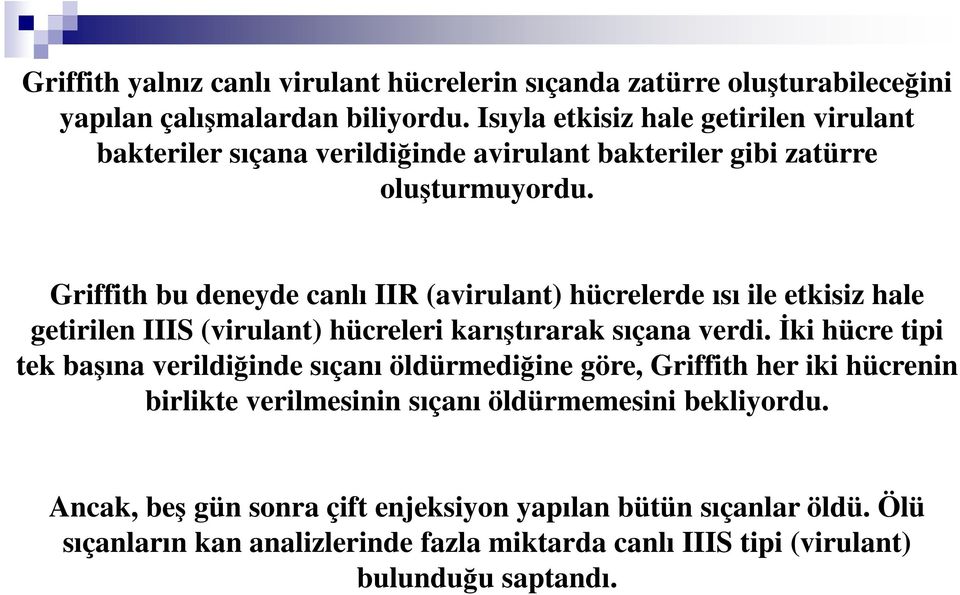 Griffith bu deneyde canlı IIR (avirulant) hücrelerde ısı ile etkisiz hale getirilen IIIS (virulant) hücreleri karıştırarak sıçana verdi.