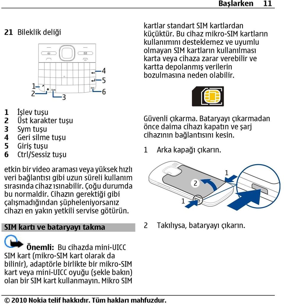 1 İşlev tuşu 2 Üst karakter tuşu 3 Sym tuşu 4 Geri silme tuşu 5 Giriş tuşu 6 Ctrl/Sessiz tuşu Güvenli çıkarma. Bataryayı çıkarmadan önce daima cihazı kapatın ve şarj cihazının bağlantısını kesin.