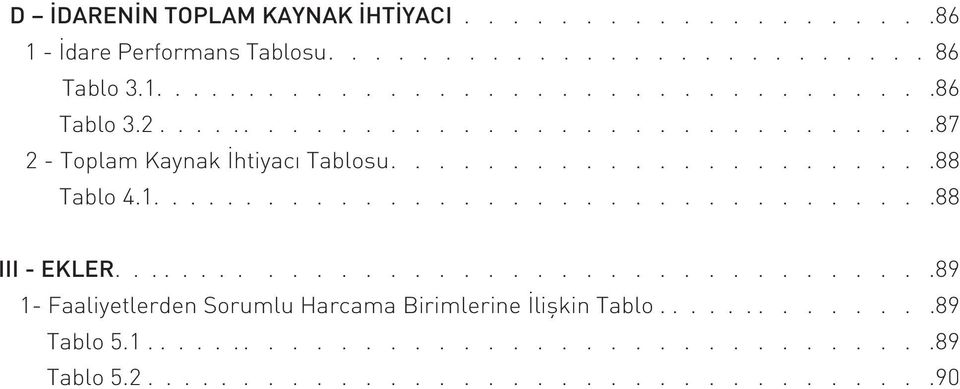 ................................... 89 1- Faaliyetlerden Sorumlu Harcama Birimlerine İlişkin Tablo..............89 Tablo 5.1...................................89 Tablo 5.2.