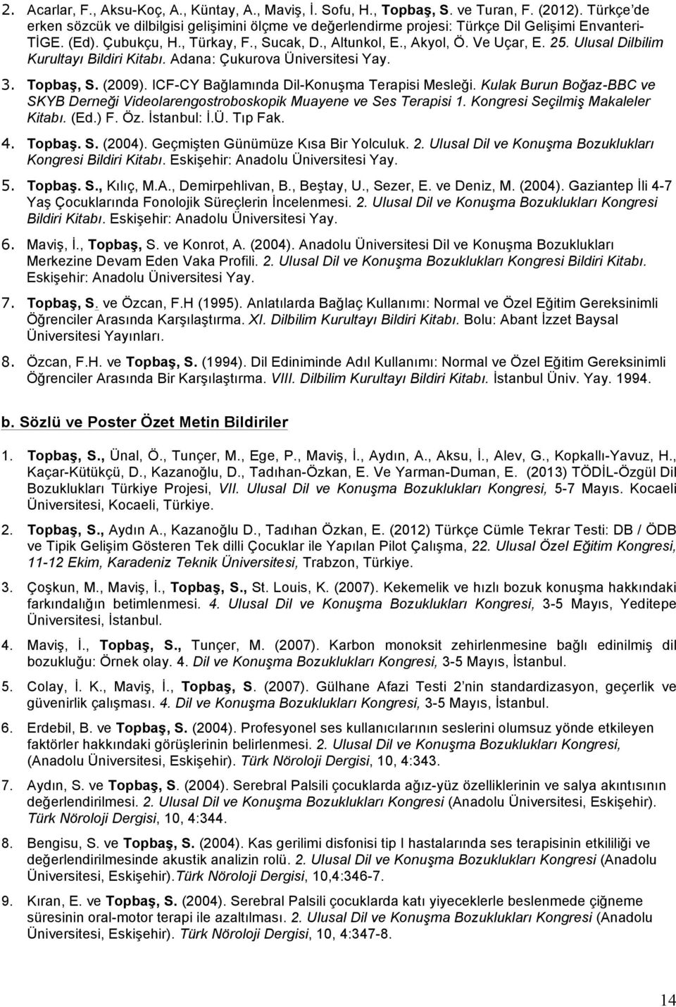 Ulusal Dilbilim Kurultayı Bildiri Kitabı. Adana: Çukurova Üniversitesi Yay. 3. Topbaş, S. (2009). ICF-CY Bağlamında Dil-Konuşma Terapisi Mesleği.