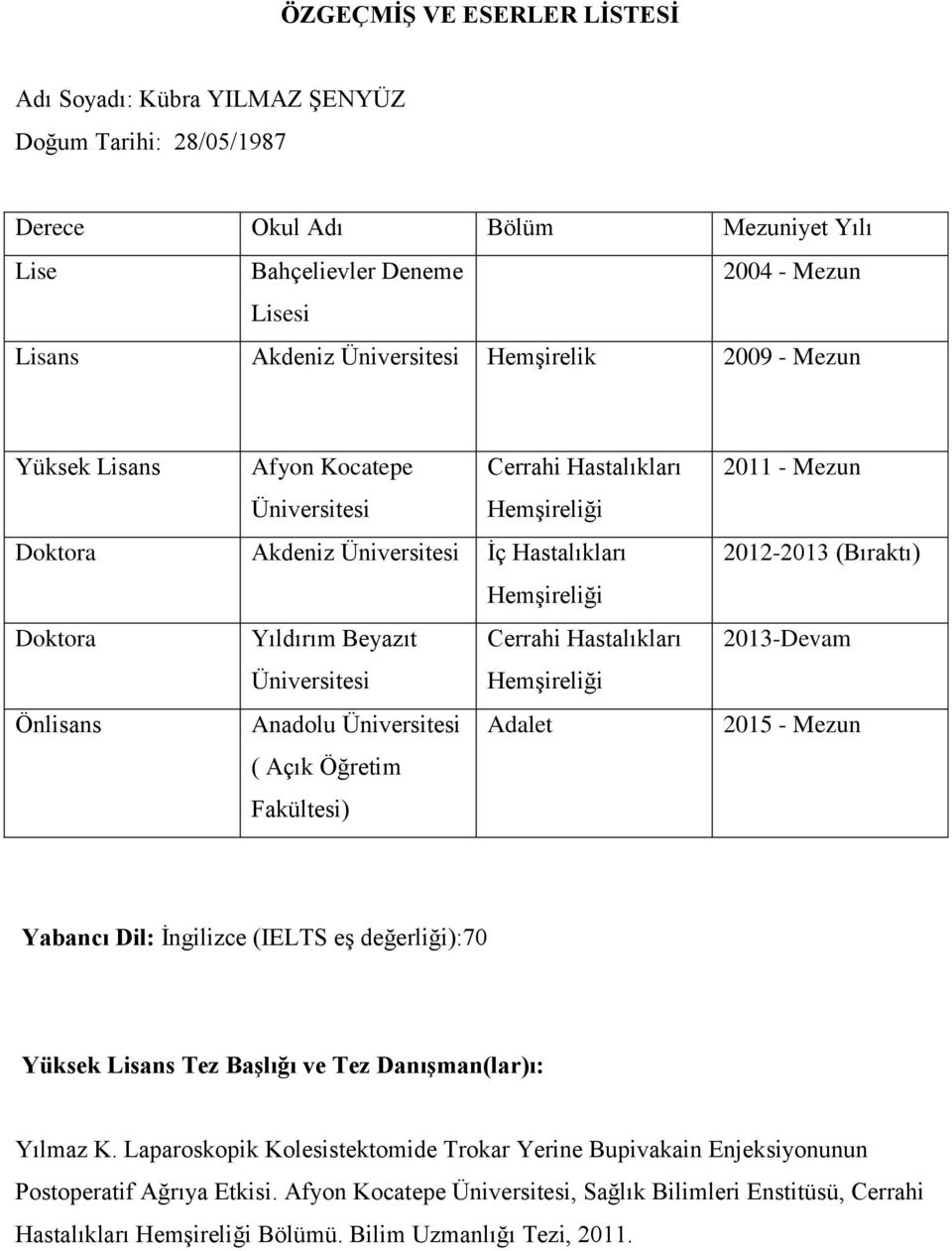 Hastalıkları Üniversitesi Hemşireliği Önlisans Anadolu Üniversitesi Adalet ( Açık Öğretim Fakültesi) 2011 - Mezun 2012-2013 (Bıraktı) 2013-Devam 2015 - Mezun Yabancı Dil: İngilizce (IELTS eş