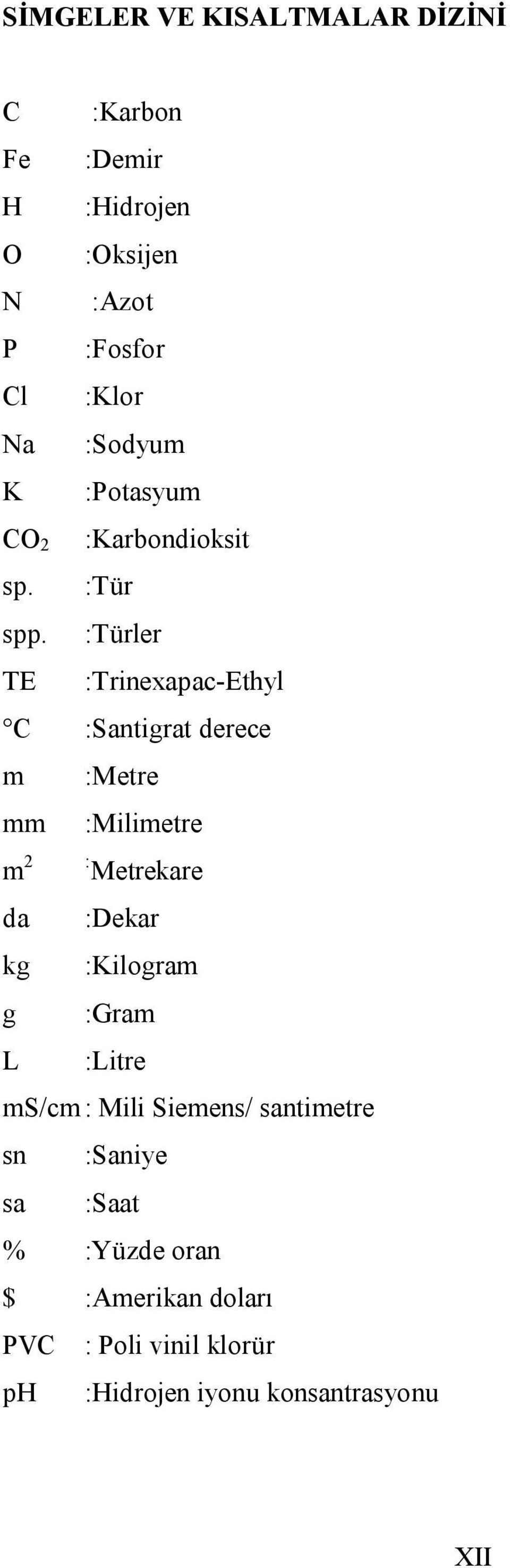 :Türler TE :Trinexapac-Ethyl C :Santigrat derece m :Metre mm :Milimetre m 2 da kg g L : Metrekare :Dekar