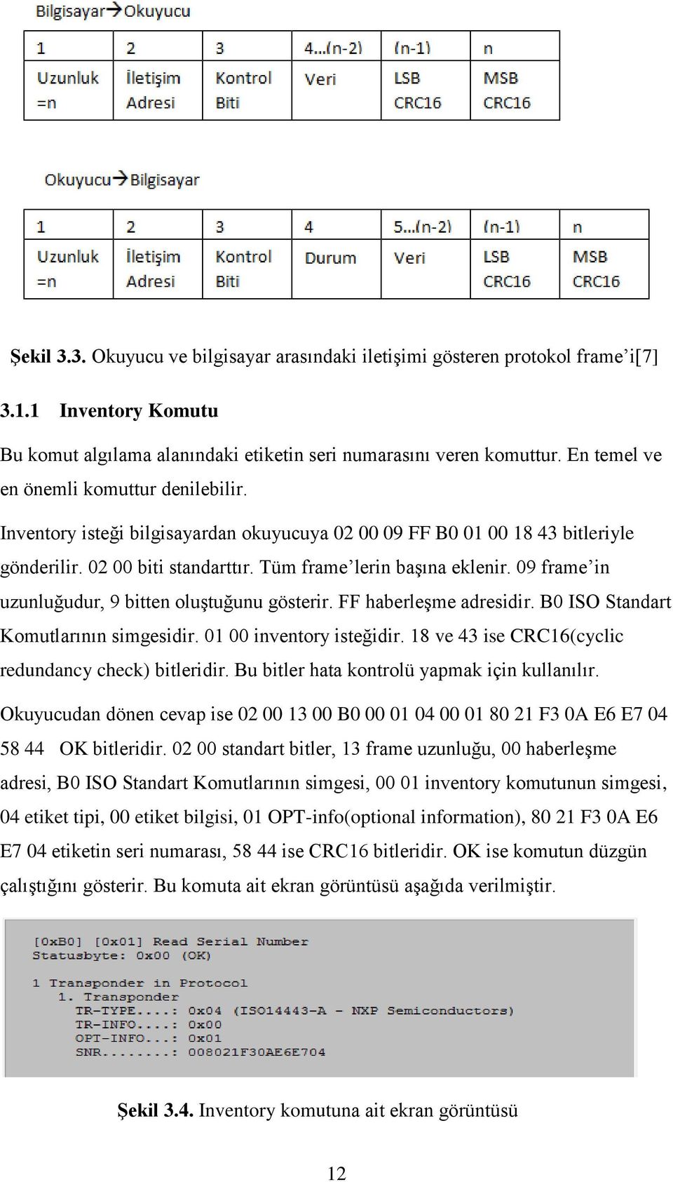 09 frame in uzunluğudur, 9 bitten oluştuğunu gösterir. FF haberleşme adresidir. B0 ISO Standart Komutlarının simgesidir. 01 00 inventory isteğidir.