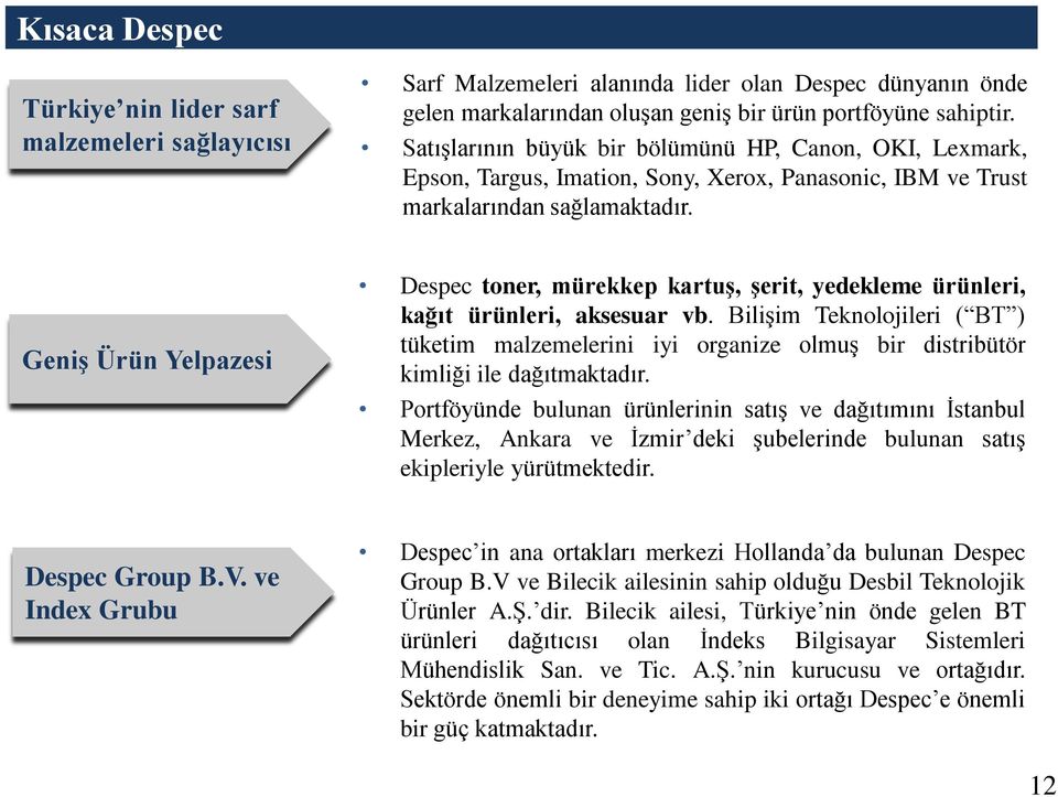 Geniş Ürün Yelpazesi Despec toner, mürekkep kartuş, şerit, yedekleme ürünleri, kağıt ürünleri, aksesuar vb.