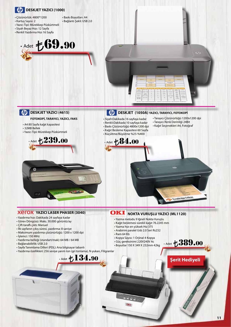 00 DESKJET (1050A) YAZICI, TARAYICI, FOTOKOPİ Siyah:Dakikada 16 sayfaya kadar Renkli:Dakikada 10 sayfaya kadar Baskı Çözünürlüğü 4800x1200 dpi Kağıt Besleme Kapasitesi 60 Sayfa Küçültme/Büyütme