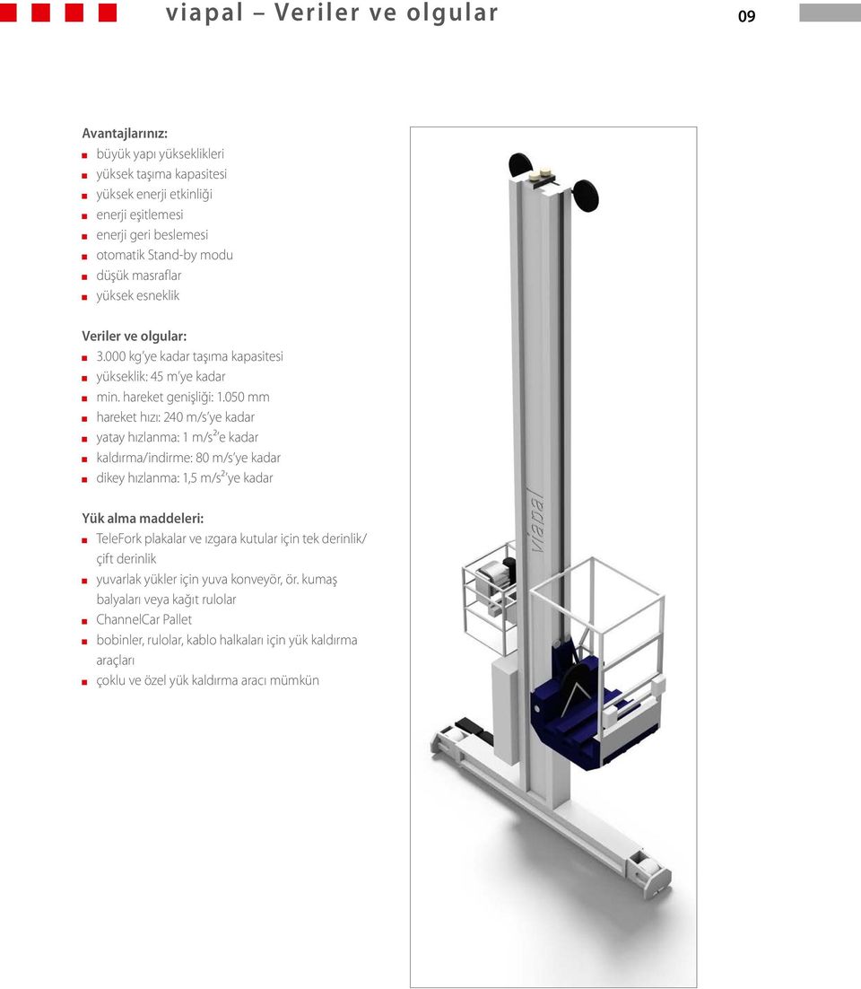 050 mm hareket hızı: 240 m/s ye kadar yatay hızlanma: 1 m/s² e kadar kaldırma/indirme: 80 m/s ye kadar dikey hızlanma: 1,5 m/s² ye kadar Yük alma maddeleri: TeleFork plakalar ve ızgara