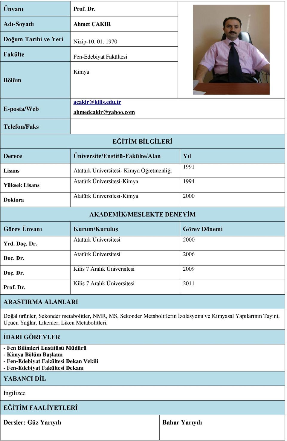 Üniversitesi-Kimya 2000 AKADEMİK/MESLEKTE DENEYİM Görev Ünvanı Kurum/Kuruluş Görev Dönemi Yrd. Doç. Dr.