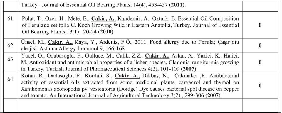 Food allergy due to Ferula; Çaşır otu alerjisi. Asthma Allergy Immunol 9, 166-168. Yucel, O., Odabasoglu, F., Gulluce, M., Calik, Z.Z., Cakir, A., Aslan, A., Yazici, K., Halici, M.