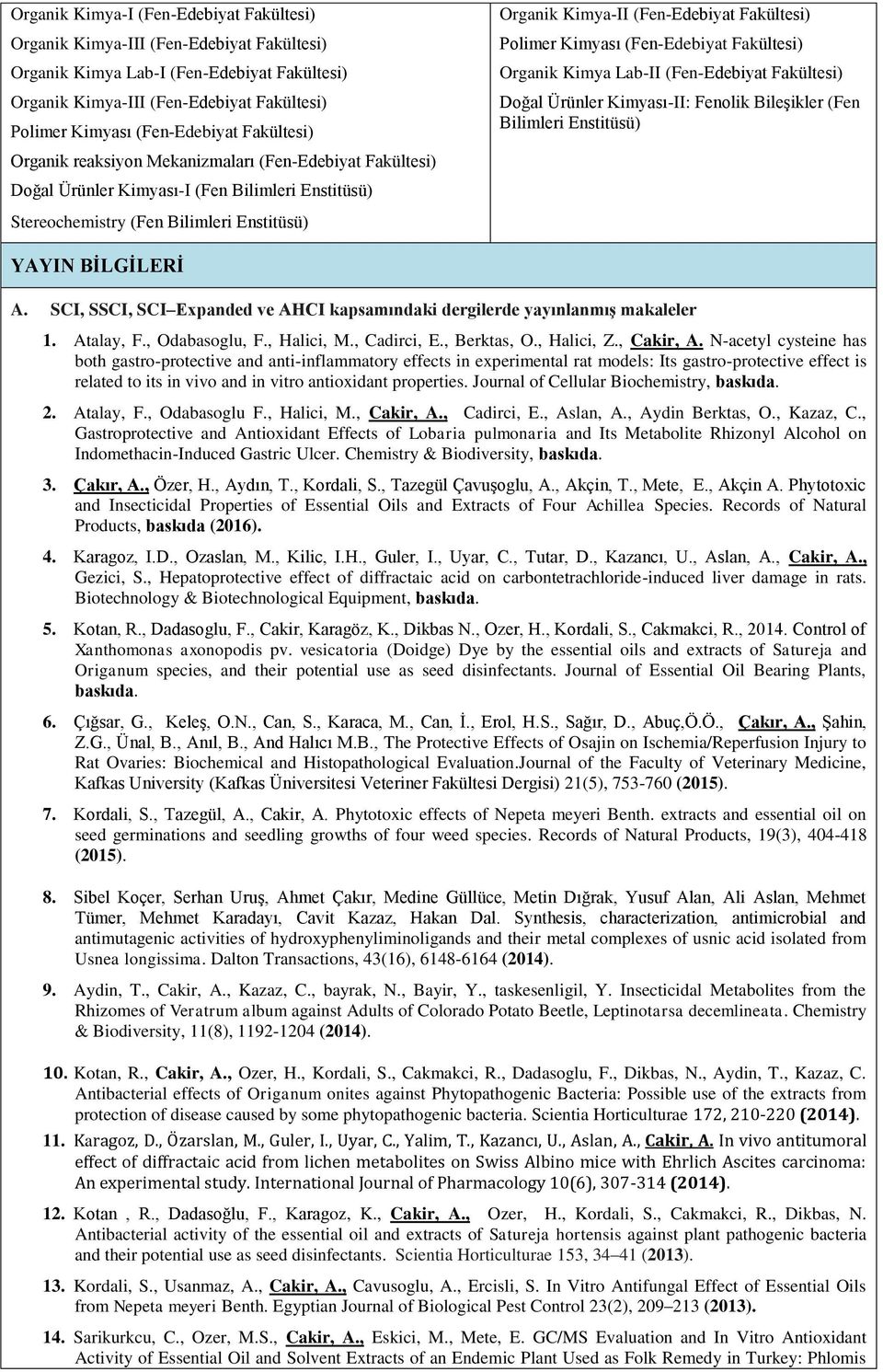 (Fen-Edebiyat Fakültesi) Organik Kimya Lab-II (Fen-Edebiyat Fakültesi) Doğal Ürünler Kimyası-II: Fenolik Bileşikler (Fen Bilimleri Enstitüsü) Stereochemistry (Fen Bilimleri Enstitüsü) YAYIN BİLGİLERİ