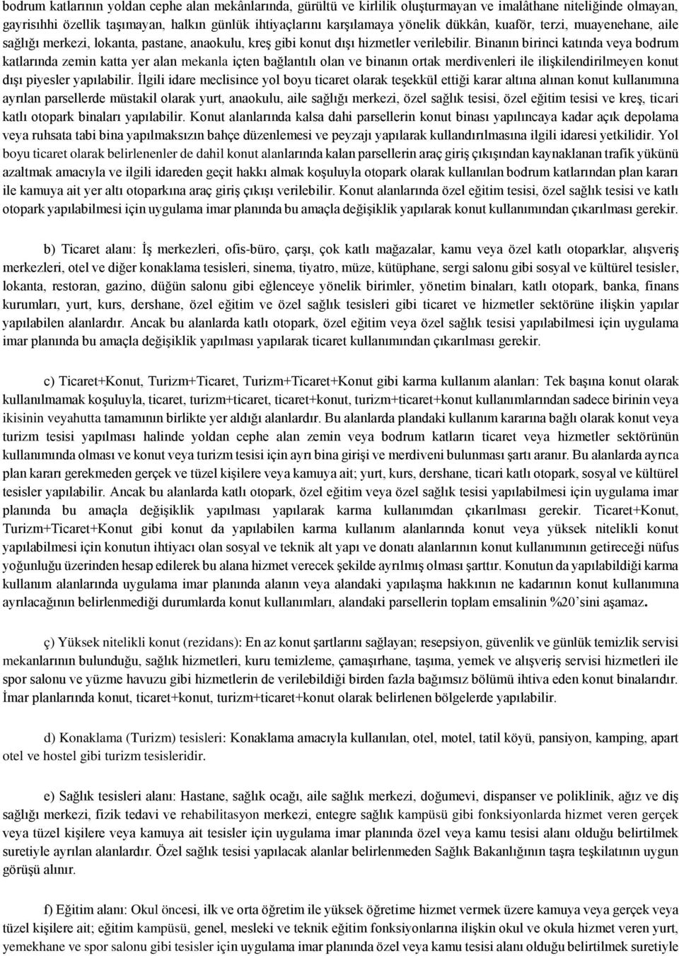 Binanın birinci katında veya bodrum katlarında zemin katta yer alan mekanla içten bağlantılı olan ve binanın ortak merdivenleri ile ilişkilendirilmeyen konut dışı piyesler yapılabilir.