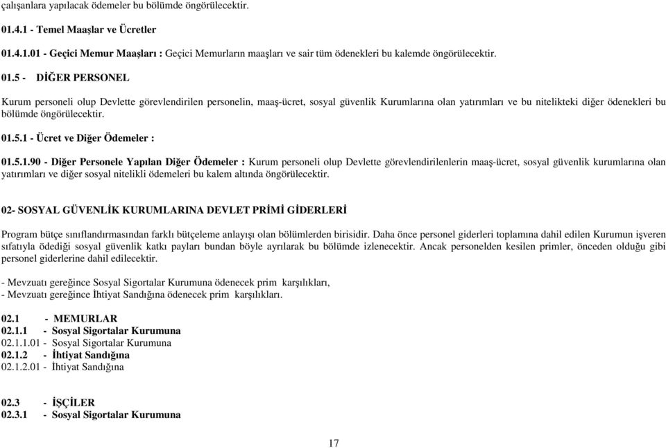 01.5.1 - Ücret ve Diğer Ödemeler : 01.5.1.90 - Diğer Personele Yapılan Diğer Ödemeler : Kurum personeli olup Devlette görevlendirilenlerin maaş-ücret, sosyal güvenlik kurumlarına olan yatırımları ve