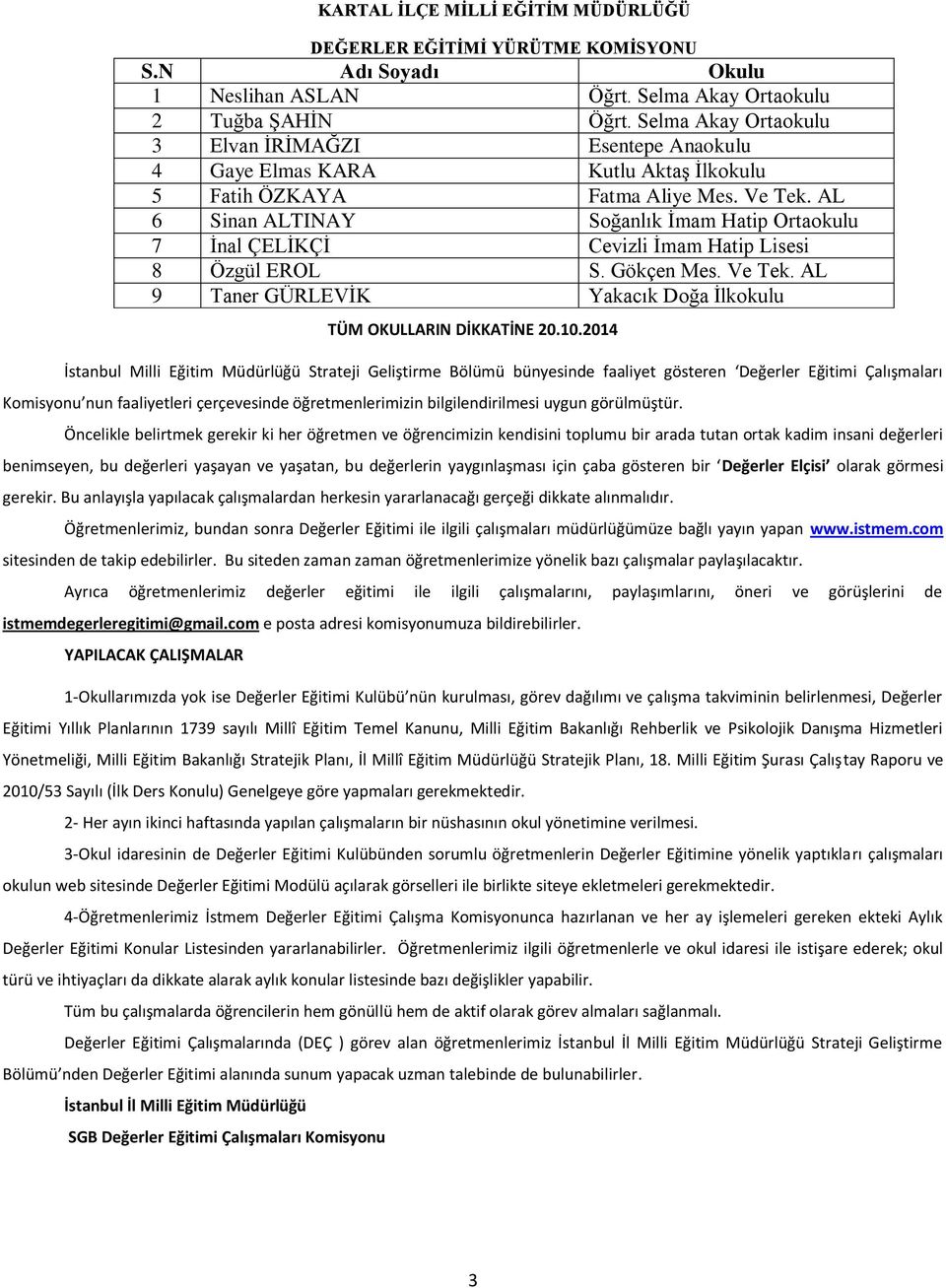 AL 6 Sinan ALTINAY Soğanlık İmam Hatip Ortaokulu 7 İnal ÇELİKÇİ Cevizli İmam Hatip Lisesi 8 Özgül EROL S. Gökçen Mes. Ve Tek. AL 9 Taner GÜRLEVİK Yakacık Doğa İlkokulu TÜM OKULLARIN DİKKATİNE 20.10.