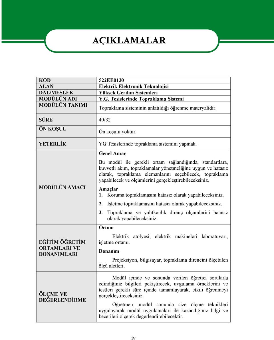 YETERLİK MODÜLÜN AMACI EĞİTİM ÖĞRETİM ORTAMLARI VE DONANIMLARI ÖLÇME VE DEĞERLENDİRME YG Tesislerinde topraklama sistemini yapmak.