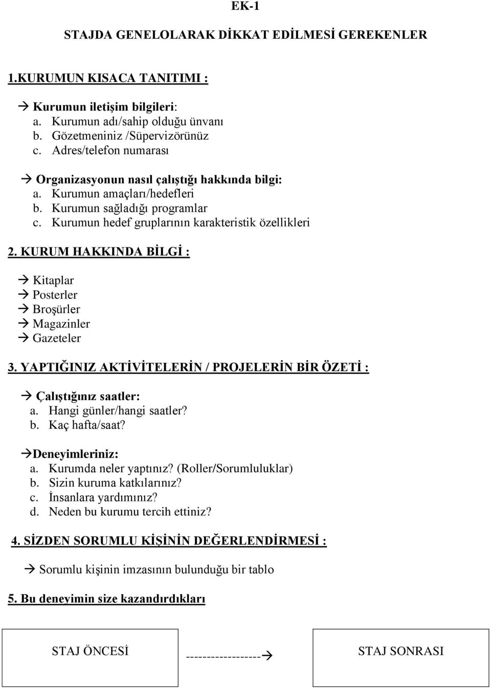 KURUM HAKKINDA BİLGİ : Kitaplar Posterler Broşürler Magazinler Gazeteler 3. YAPTIĞINIZ AKTİVİTELERİN / PROJELERİN BİR ÖZETİ : Çalıştığınız saatler: a. Hangi günler/hangi saatler? b. Kaç hafta/saat?