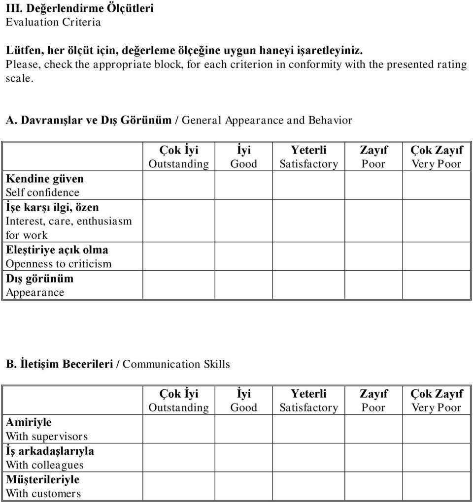 Davranışlar ve Dış Görünüm / General Appearance and Behavior Kendine güven Self confidence İşe karşı ilgi, özen Interest, care, enthusiasm for work Eleştiriye açık olma