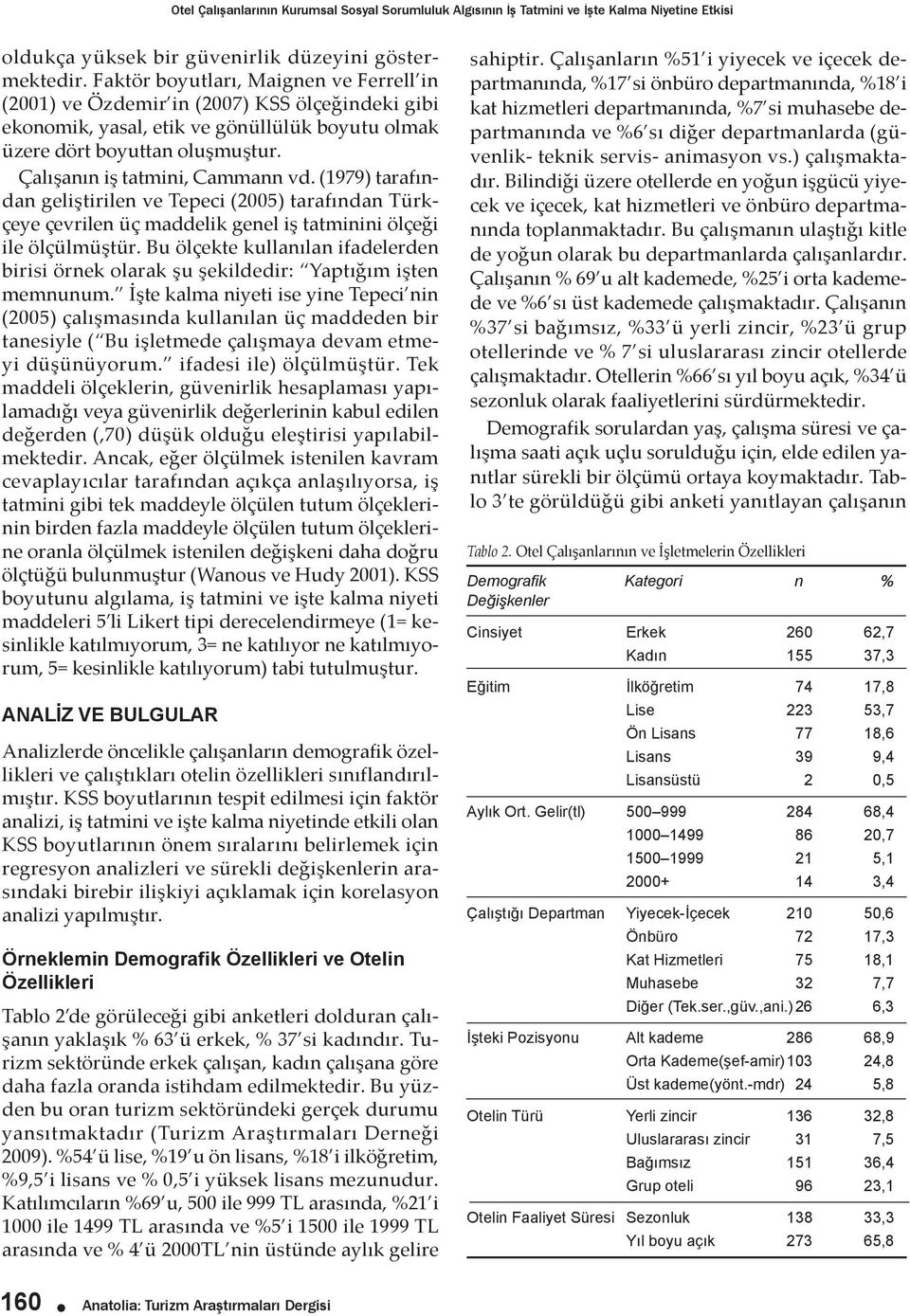 Çalışanın iş tatmini, Cammann vd. (1979) tarafından geliştirilen ve Tepeci (2005) tarafından Türkçeye çevrilen üç maddelik genel iş tatminini ölçeği ile ölçülmüştür.