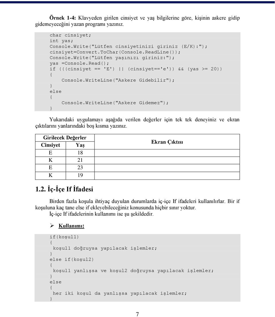 Read(); if (((cinsiyet == 'E') (cinsiyet=='e')) && (yas >= 20)) Console.WriteLine("Askere Gidebilir"); else Console.
