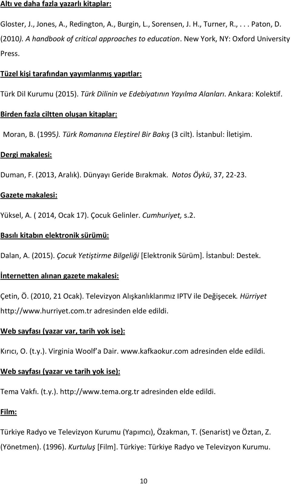 Birden fazla ciltten oluşan kitaplar: Moran, B. (1995). Türk Romanına Eleştirel Bir Bakış (3 cilt). İstanbul: İletişim. Dergi makalesi: Duman, F. (2013, Aralık). Dünyayı Geride Bırakmak.