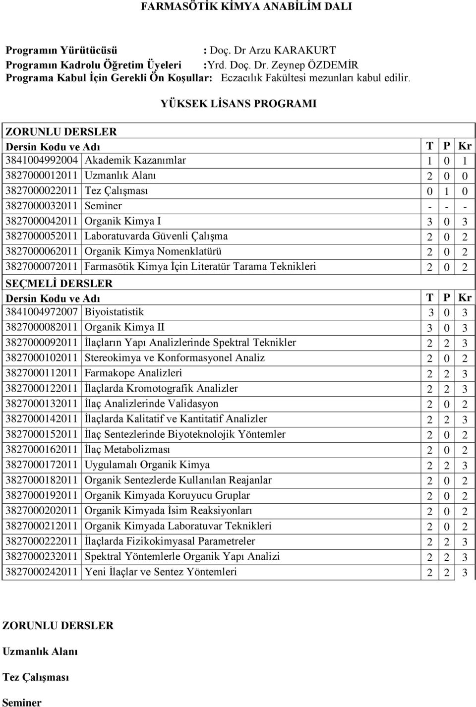 - 3827000042011 Organik Kimya I 3 0 3 3827000052011 Laboratuvarda Güvenli Çalışma 2 0 2 3827000062011 Organik Kimya Nomenklatürü 2 0 2 3827000072011 Farmasötik Kimya İçin Literatür Tarama Teknikleri