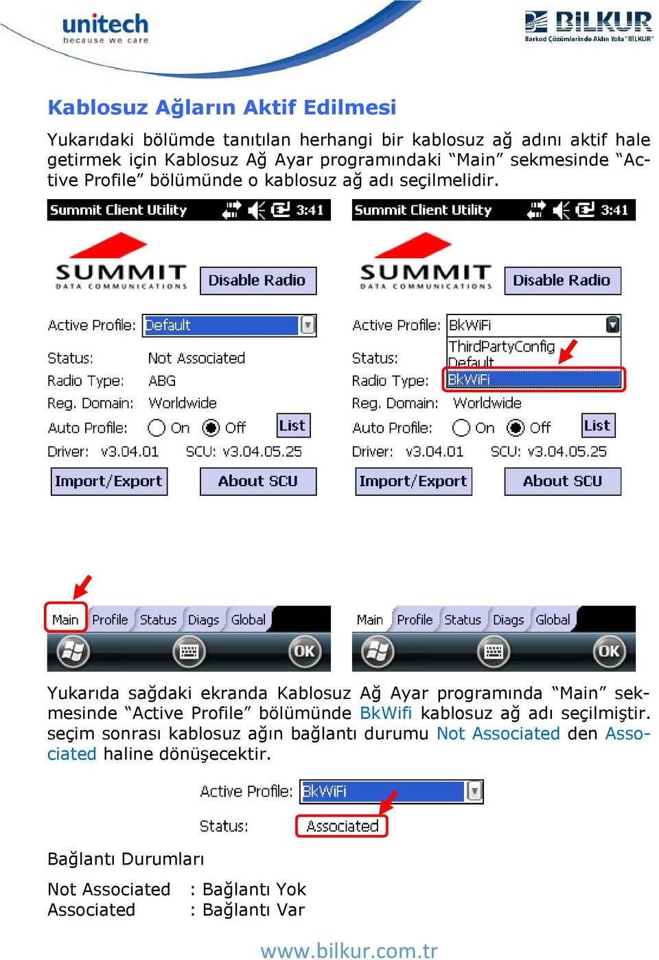 Yukarıda sağdaki ekranda Kablosuz Ağ Ayar programında Main sekmesinde Active Profile bölümünde BkWifi kablosuz ağ adı seçilmiştir.
