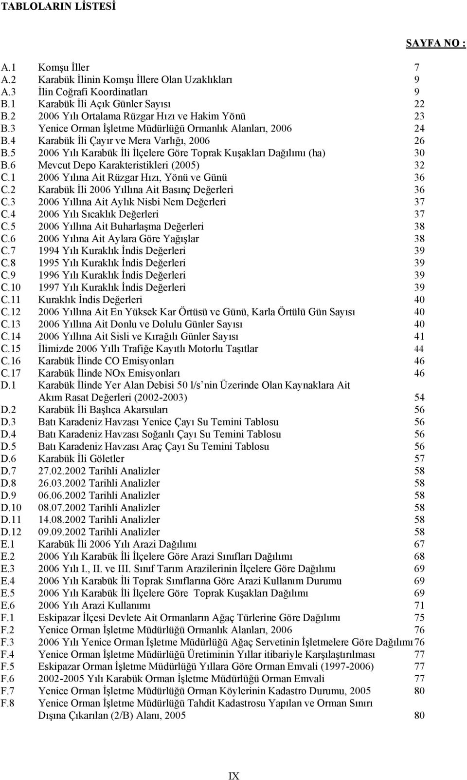 5 2006 Yılı Karabük İli İlçelere Göre Toprak Kuşakları Dağılımı (ha) 30 B.6 Mevcut Depo Karakteristikleri (2005) 32 C.1 2006 Yılına Ait Rüzgar Hızı, Yönü ve Günü 36 C.