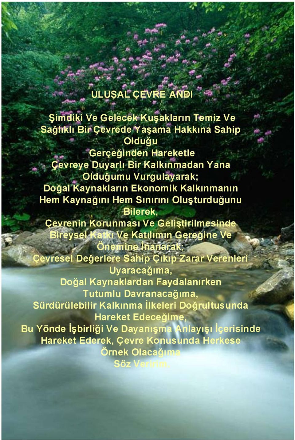 Katılımın Gereğine Ve Önemine İnanarak; Çevresel Değerlere Sahip Çıkıp Zarar Verenleri Uyaracağıma, Doğal Kaynaklardan Faydalanırken Tutumlu Davranacağıma,